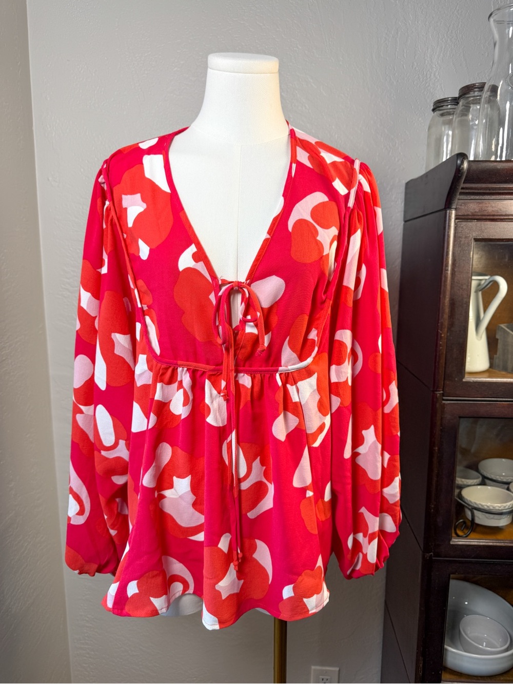 Michelle McDowell Abstract Print Babydoll Tunic Top Pink Orange Size XL